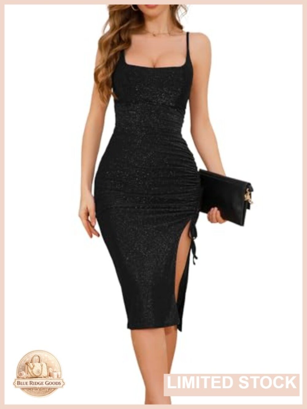 Women Sparkly Glitter Ruched Bodycon Side Slit Midi Cocktail Party Dress